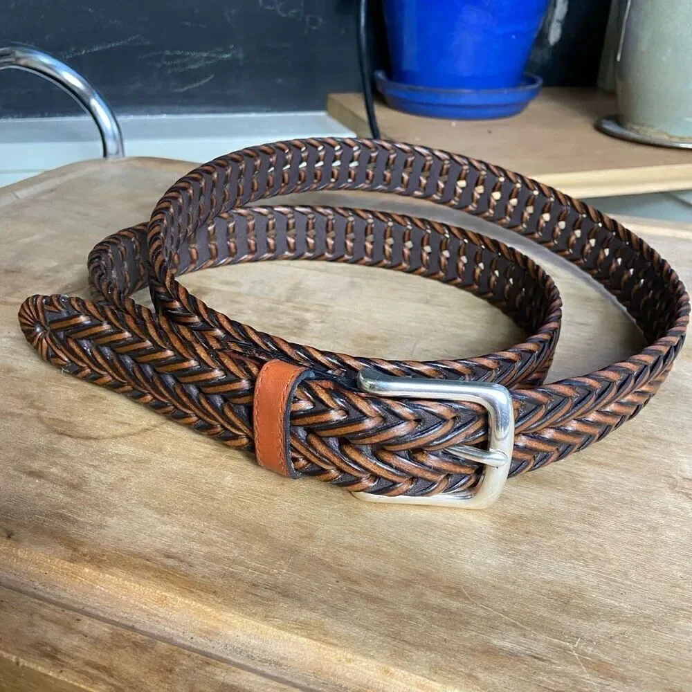 Dockers Men's Brown Braided Leather & Faux Leather Belt Silver Metal Buckle - XL